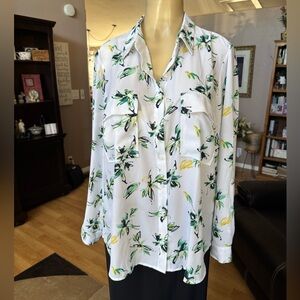 Apt. 9 white green & black long sleeve Vneck blouse-size XL